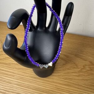 Glass Beaded Elastic Bracelet Purple Metal Antique Silver Plated Hearts